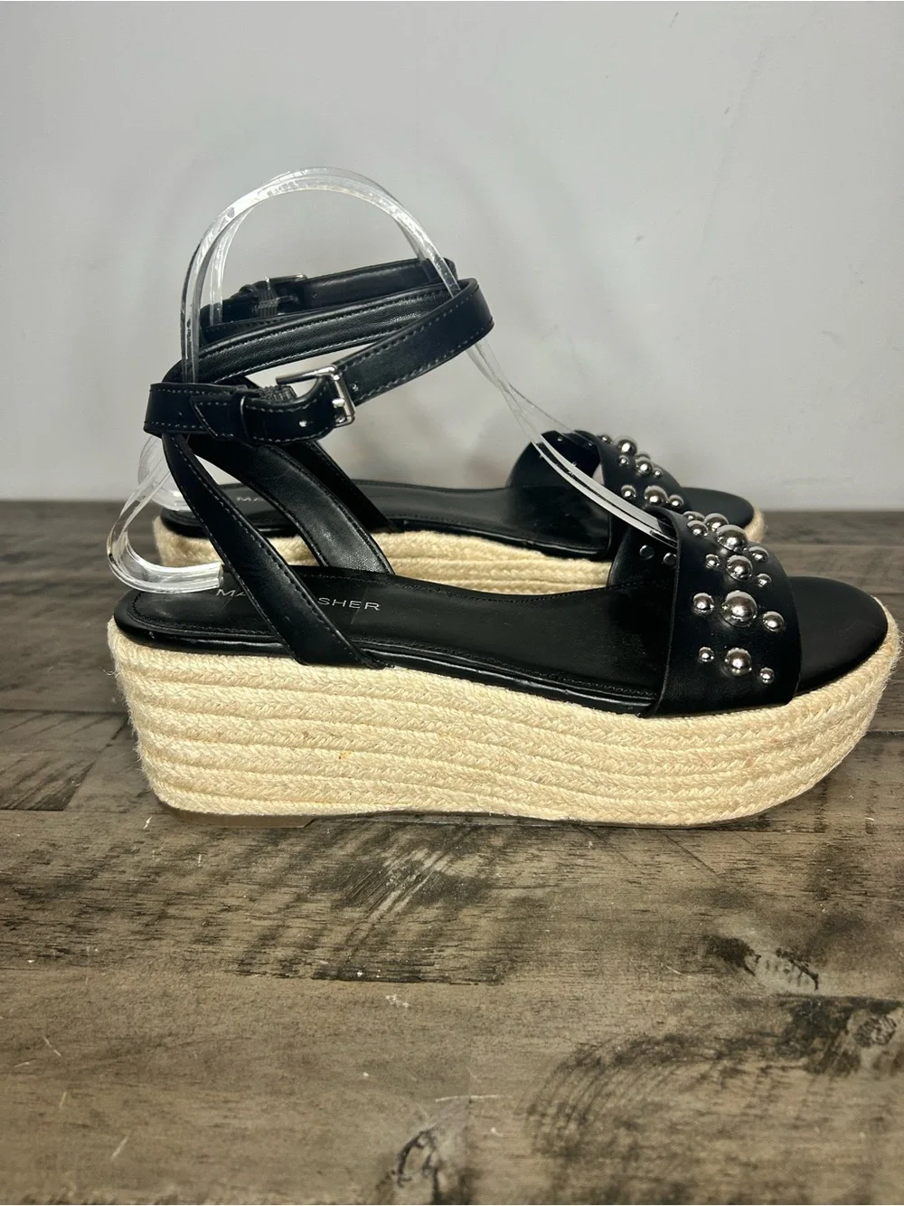 Marc Fisher Black Studded Espadrille Platform Sandal with Ankle Strap